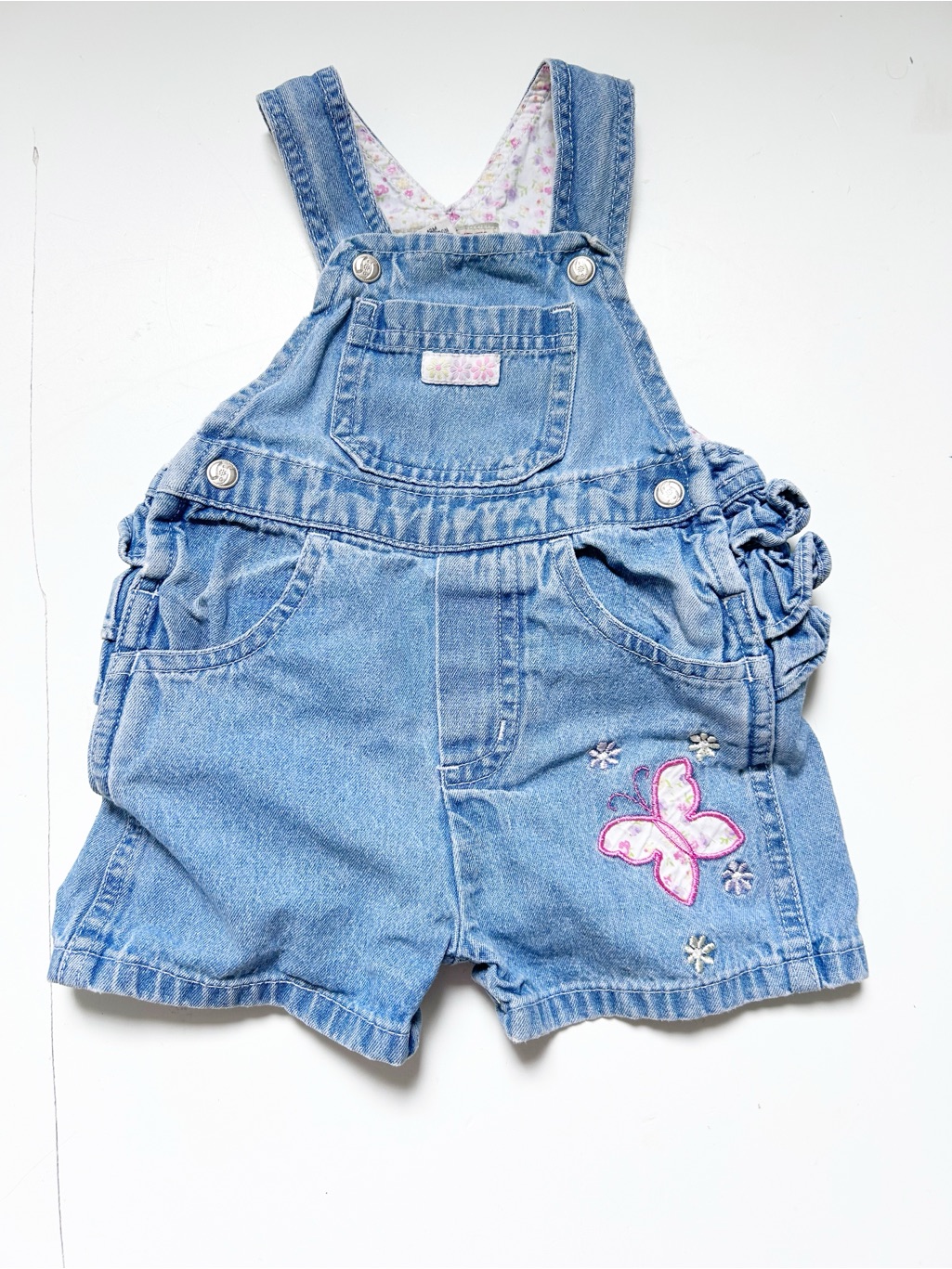 Vintage Early 2000’s Light Distresseddenim Short Overalls W/ Butterfly & Ruffles